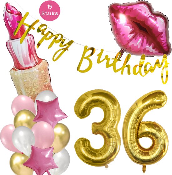 Snoes Beauty Helium Ballonnen Set 36 Jaar - Roze Folieballonnen - Slinger Happy Birthday Goud