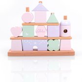 Liebelini - houten speelgoed - set van stapelhuis en stapeltrein - houten speelblokken - roze lila mintgroen