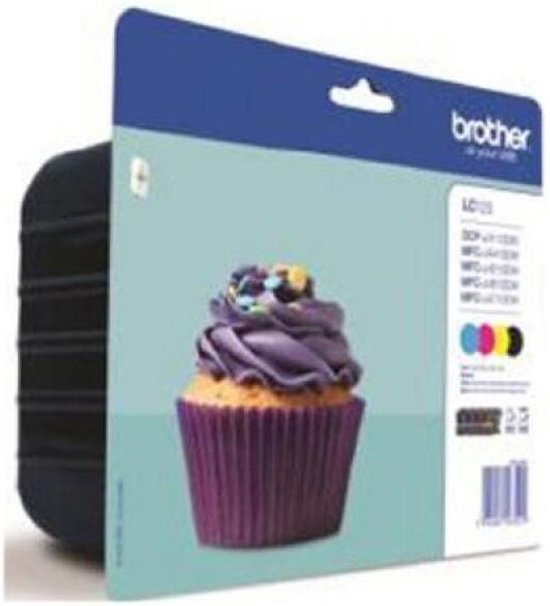 Brother LC123 inktcartridge verpakking met een cupcake met paarse botercrème en gekleurde hagelslag.