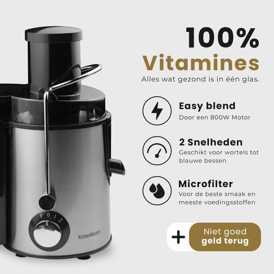 KitchenMasters Sapcentrifuge voor Groenten & Fruit - Juicer met Pulpcontainer - Grote Vulopening - 3 snelheden - 800 Watt van KitchenMasters — afbeelding 2