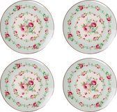 HAES DECO - Ontbijtborden set van 4 - Formaat Ø 21x2 cm - kleuren Groen - Bedrukt Porselein - Collectie: Pink Elegance - Servies, kleine borden