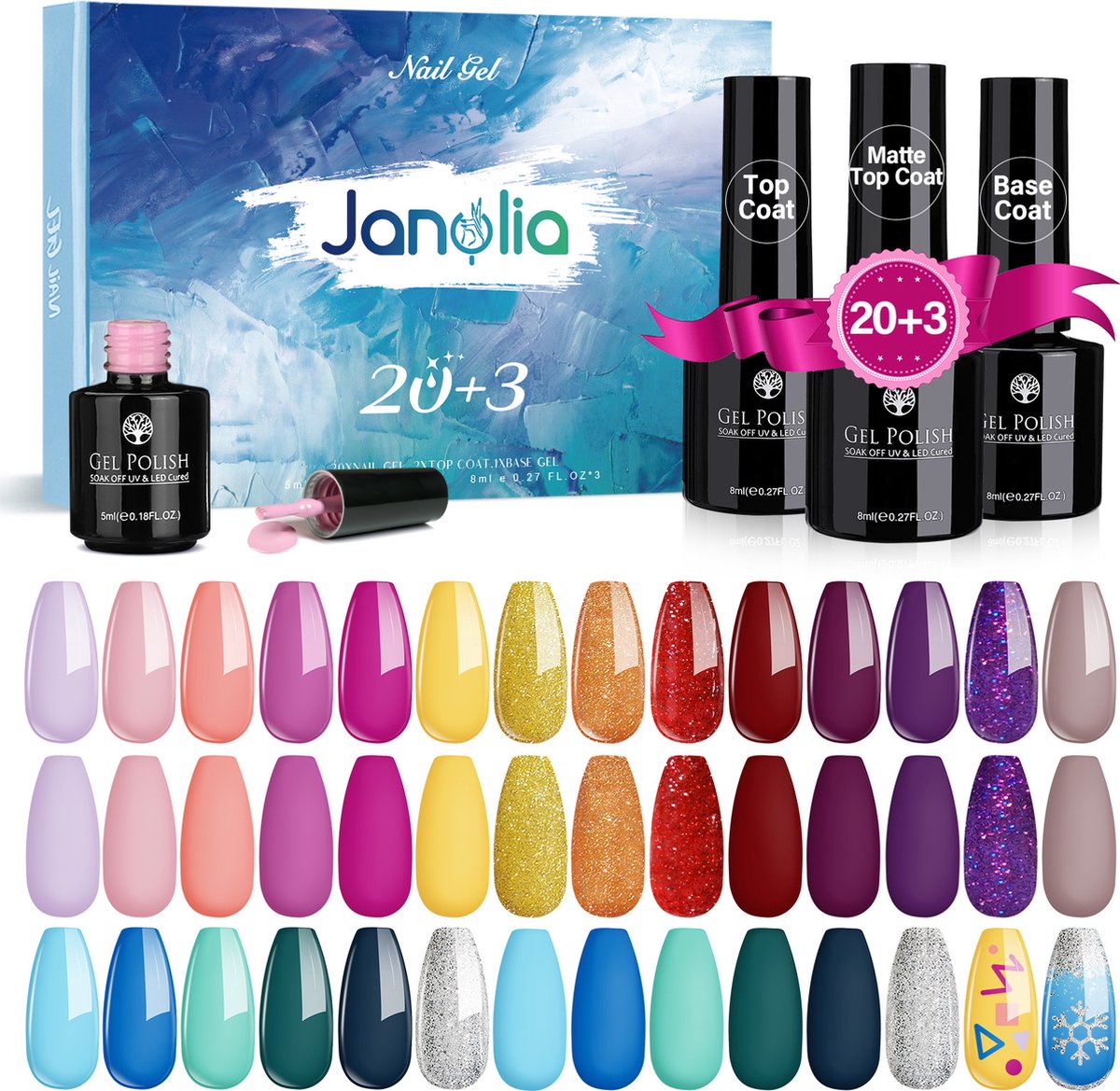 Gel Nagellak 20+3 Set Gellak Kit - 8ml x 20 Kleuren - met Base en Top Coat