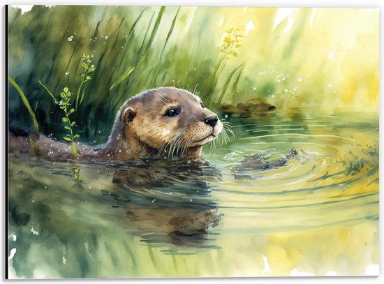 Dibond - Tekening van Zwemmende Otter in de Rivier - 40x30 cm Foto op Aluminium (Wanddecoratie van metaal)