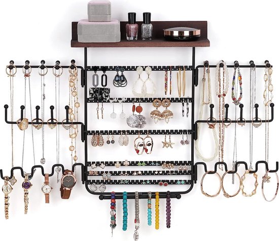 Sieradenorganizer voor aan de muur, sieradenopslag, hangend met 6 x draaibare displaystangen, sieradenstandaard, wandhouder voor halskettingen, oorbellen, armbanden en ringen