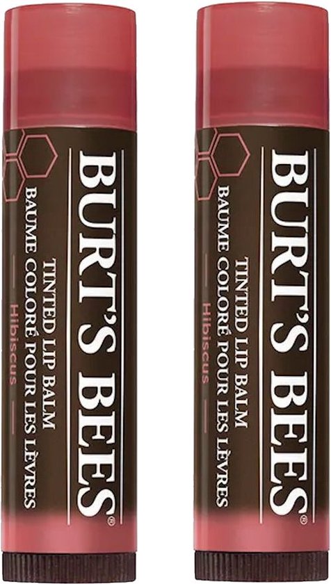 Twee Burt's Bees getinte lippenbalsems in de kleur Hibiscus met bruine dop.