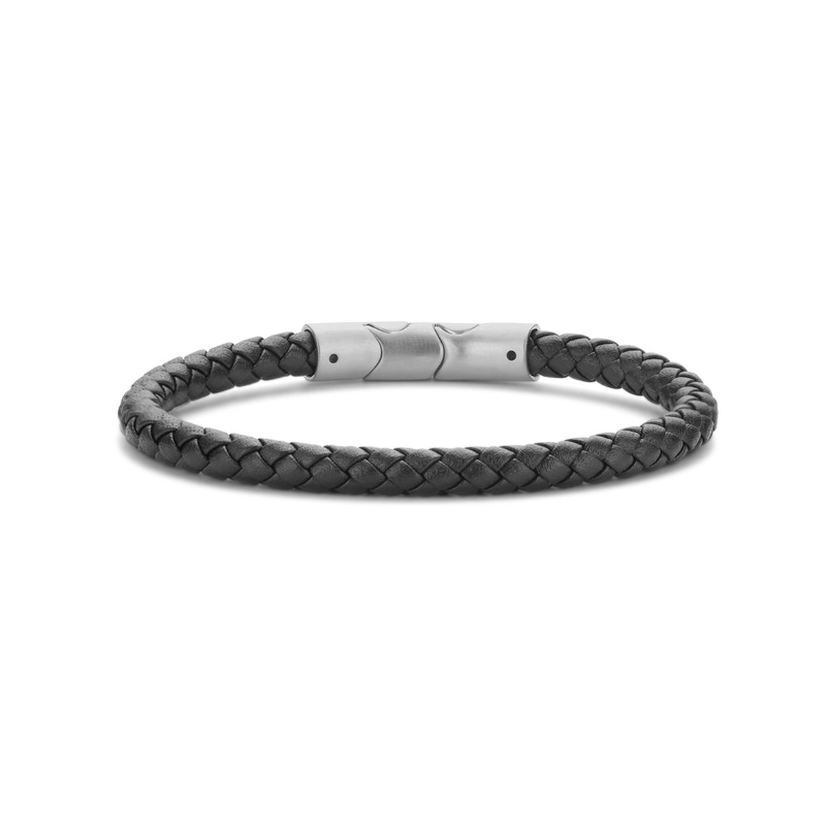 Frank 1967 7FB-0618 Leren Rond Gevlochten Armband - 21cm - 1cm Verstelschakel - 6mm Dikte - Staal Slot - Zwart - Staalkleurig