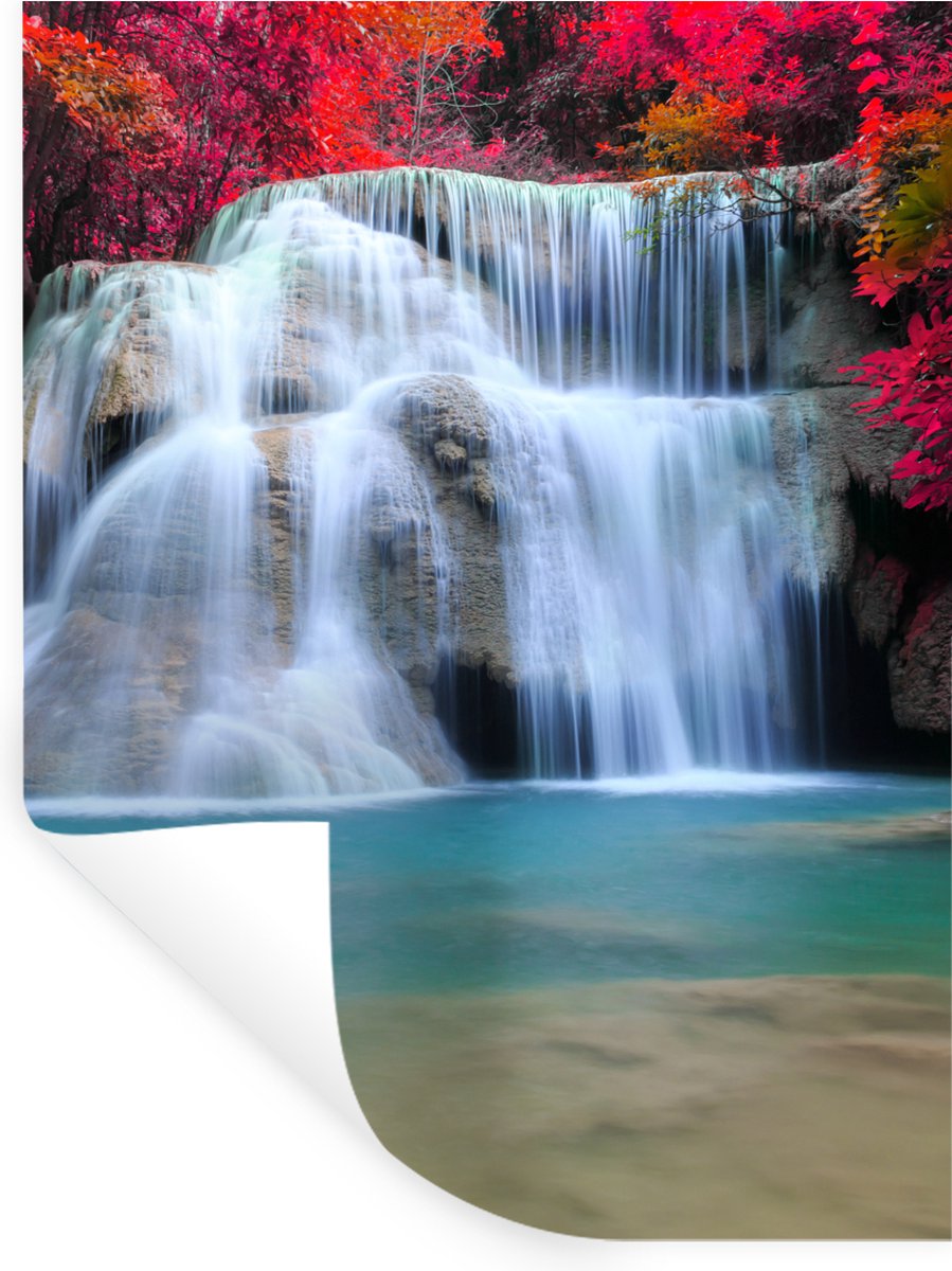 Muurstickers - Sticker Folie - Waterval - Bomen - Rood - Landschap - Natuur - 60x80 cm - P