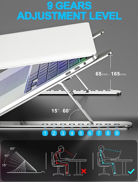my wall HT19L laptopstandaard, notebookstandaard, opvouwbaar, draagbaar, notebookstandaard aluminium, siliconen pads, laptopstandaard geventileerd, MacBook Air, Dell, alle laptops van 11-15 inch