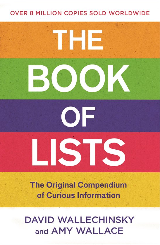 Couverture du livre 'The Book of Lists' avec des bandes de couleur orange, verte, violette et rouge. Plus de 8 millions d'exemplaires vendus dans le monde.