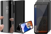 Hoesje geschikt voor Samsung Galaxy A14 - 2x Privacy Screen Protector FullGuard - Book Case Spiegel Zwart & Screenprotector