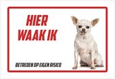 Bord | Waakbord | "Hier waak ik" | 30 x 20 cm | Chiwawa wit | 1 mm | Waakhond | Hond | Chihuahua | Betreden op eigen risico | Polystyreen | Rechthoek | Witte achtergrond | 1 stuk