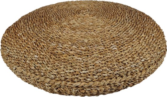 Rond naturel jute vloerkussen met textuur.