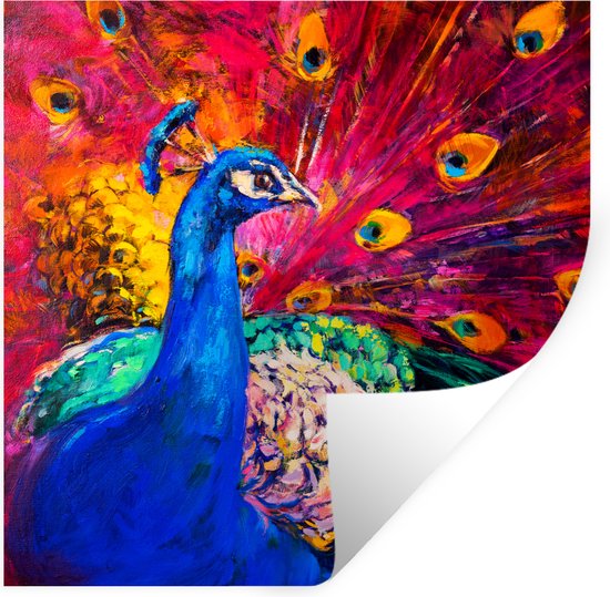 Muurstickers - Sticker Folie - Schilderij - Vogel - Pauw - Olieverf - 50x50 cm - Plakfolie - Muurstickers Kinderkamer - Zelfklevend Behang - Zelfklevend behangpapier - Stickerfolie