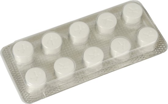 Strip met 10 witte Krups reinigingstabletten met letter K.