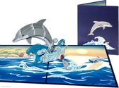 Popcards popupkaarten – Uit de golven springende dolfijn ‘Flipper’ met jong en surfer pop-up kaart 3D wenskaart
