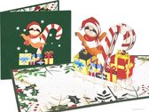 Popcards popupkaarten - Kerstkaart Vrolijke Luiaard met Cadeautjes, Sterren en Snoepgoed pop-up kaart 3D wenskaart