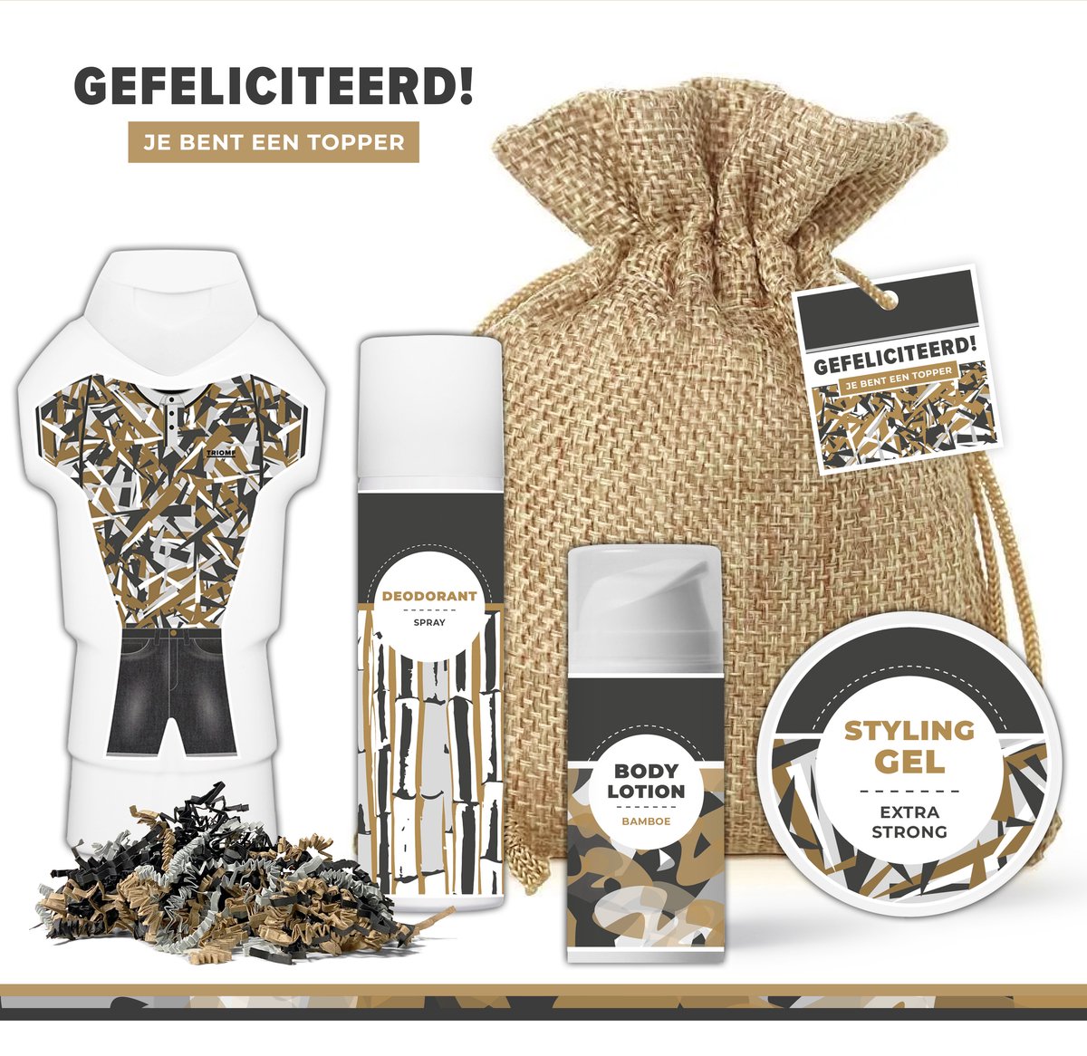 Goedkoopste Geschenkset Gefeliciteerd, je bent een topper! - 5 Producten - 750 Gram | Cadeau voor Hem - Giftset Jongen - Verjaardag man - Geslaagd - Kleinzoon - Vader - Broer - Zoon - Vriend - Bodylotion - Douchegel - Deodorant - Styling Gel - Wellness set