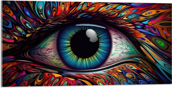Acrylglas - Schilderij van Blauw oog op Kleurrijk Gezicht met Patronen - 100x50 cm Foto op Acrylglas (Met Ophangsysteem)