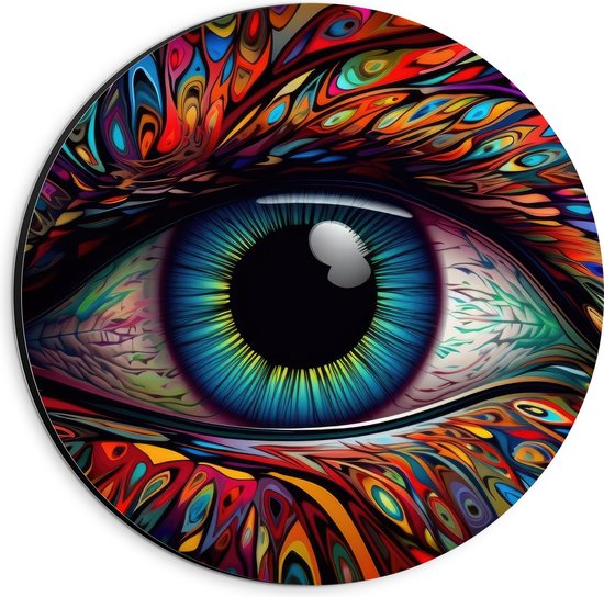 Dibond Muurcirkel - Schilderij van Blauw oog op Kleurrijk Gezicht met Patronen - 20x20 cm Foto op Aluminium Muurcirkel (met ophangsysteem)