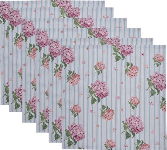 Clayre & Eef Serviettes Coton set de 6 40x40 cm Bleu Rose Hortensia