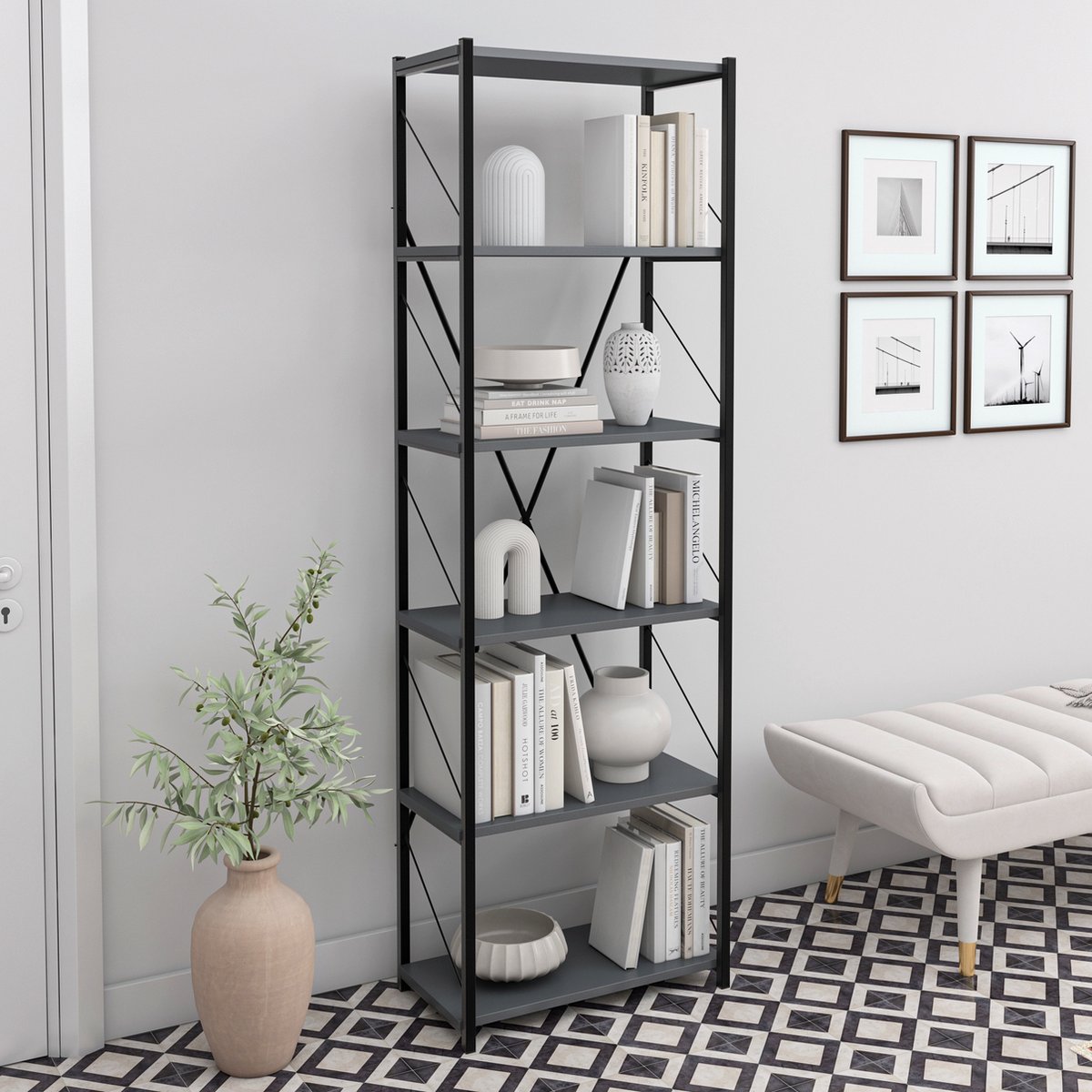 Soof&Tess Boekenkast - Opbergrek Met 6 Planken - Woonkamer - Slaapkamer 32 x 60 x 185 cm - Bruin / Zwart - Open Planken - Voor Kantoor