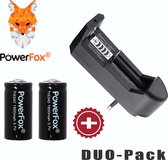 PowerFox® 2x 16340 Lithium batterij 3,7V 1800mAh + OPLADER (Geschikt voor 18650, 16340, 14500, 10440, 14500) batterijen.