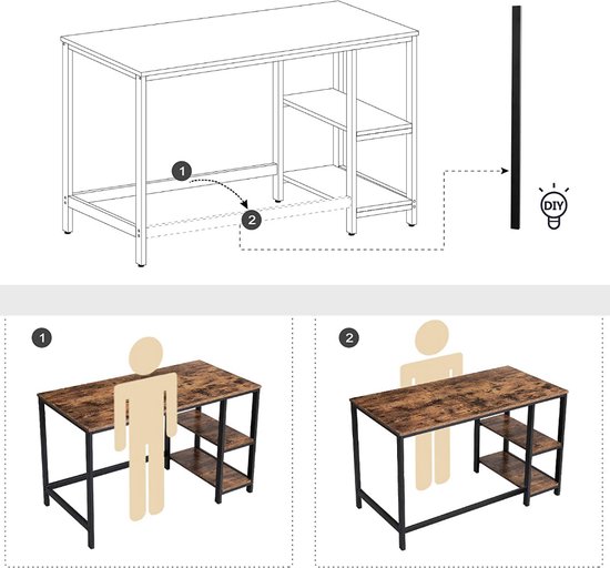 Stevige Bureau met vintage Look - Computertafel met extra legplanken - 120x60x75 cm - Vintage - Zwart / Rustiek Bruin