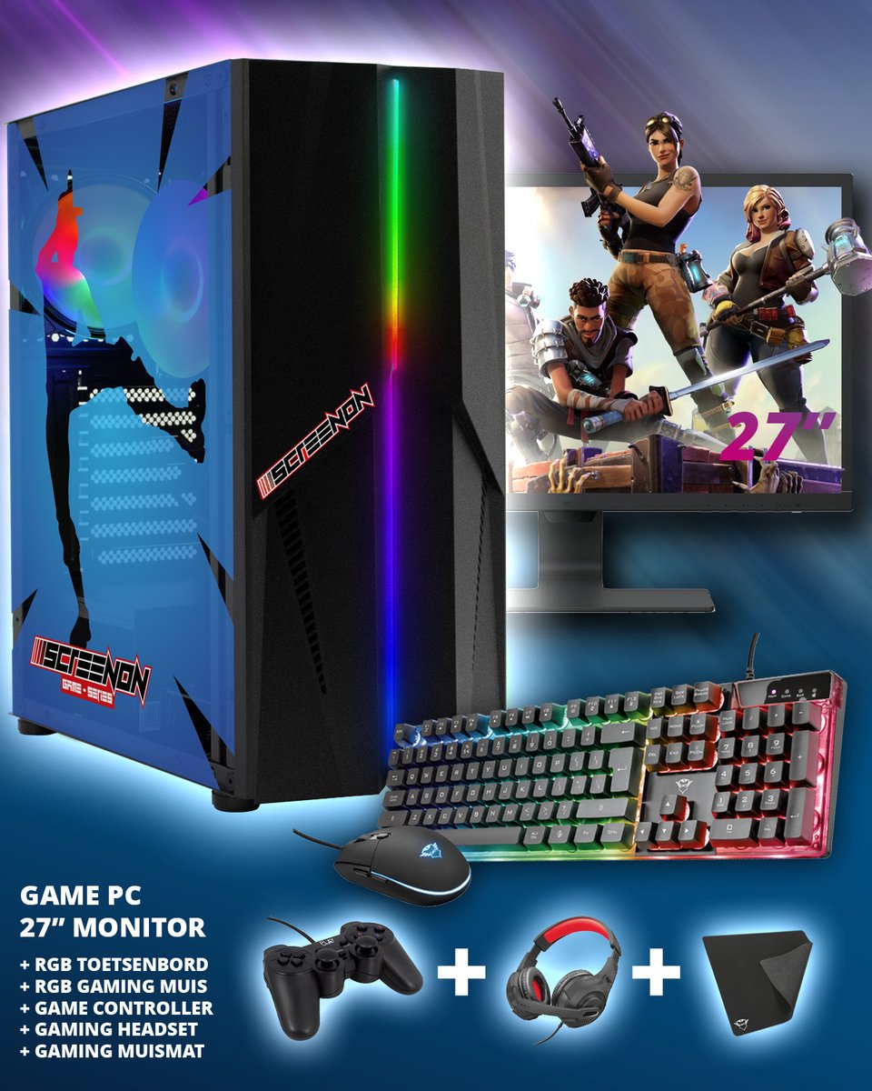 ScreenON - Complete Fortnite Gaming PC Set - X12899 - V2 ( Game PC X12899 + 27 Inch Monitor + Toetsenbord + Muis + Controller )