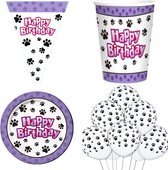 Honden party decoratie set lila wit zwart 31-delig - hond - verjaardag - ballon - slinger - bord - beker - happy birthday