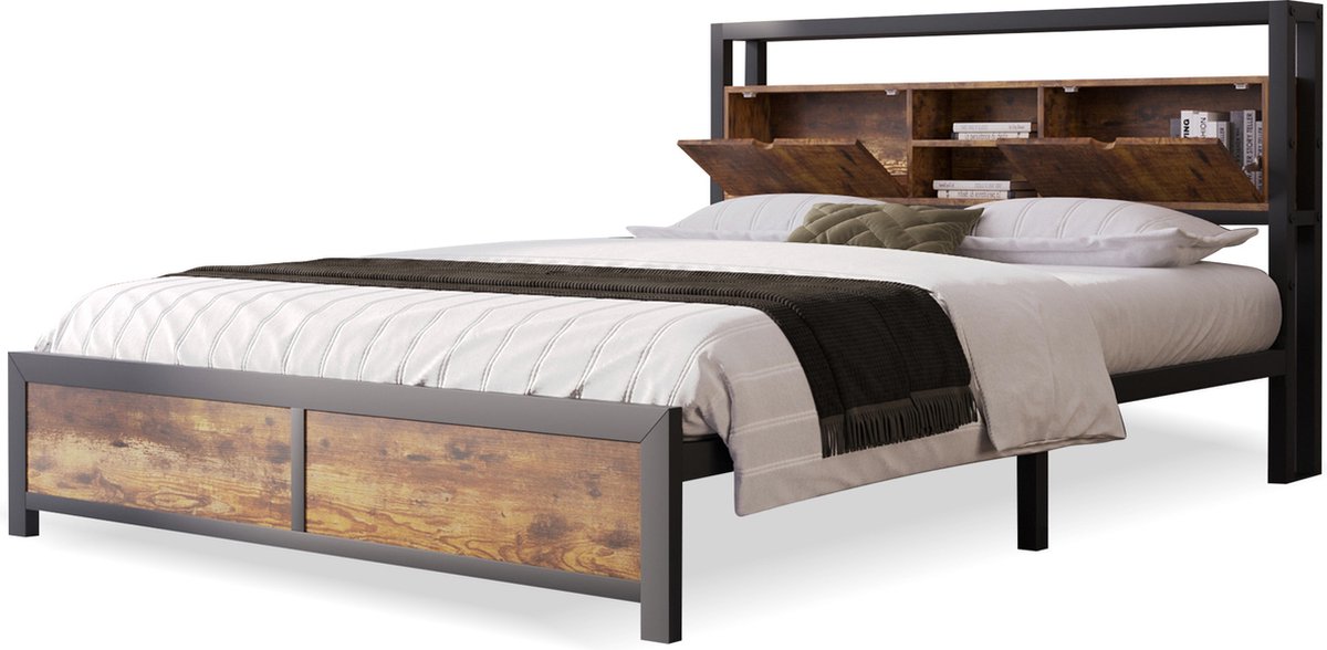 Merax Tweepersoonsbed 140x200 - Bed met Opbergruimte en Metalen Bedframe - Bruin met Zwart Metaal