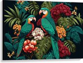 Canvas - Schilderij van Twee Papegaaien tussen de Kleurrijke Bloemen en Planten - 100x75 cm Foto op Canvas Schilderij (Wanddecoratie op Canvas)