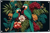 Tuinposter – Schilderij van Twee Papegaaien tussen de Kleurrijke Bloemen en Planten - 90x60 cm Foto op Tuinposter (wanddecoratie voor buiten en binnen)
