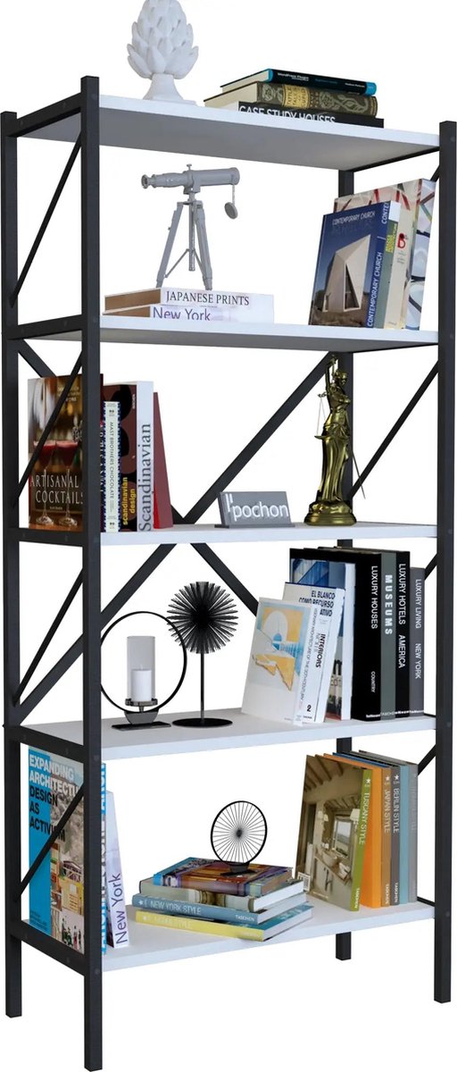 Pochon - Boekenkast Demeter - Wit - 34x66x160 - Boekenrek - Kast - Opbergkast - Industrieel