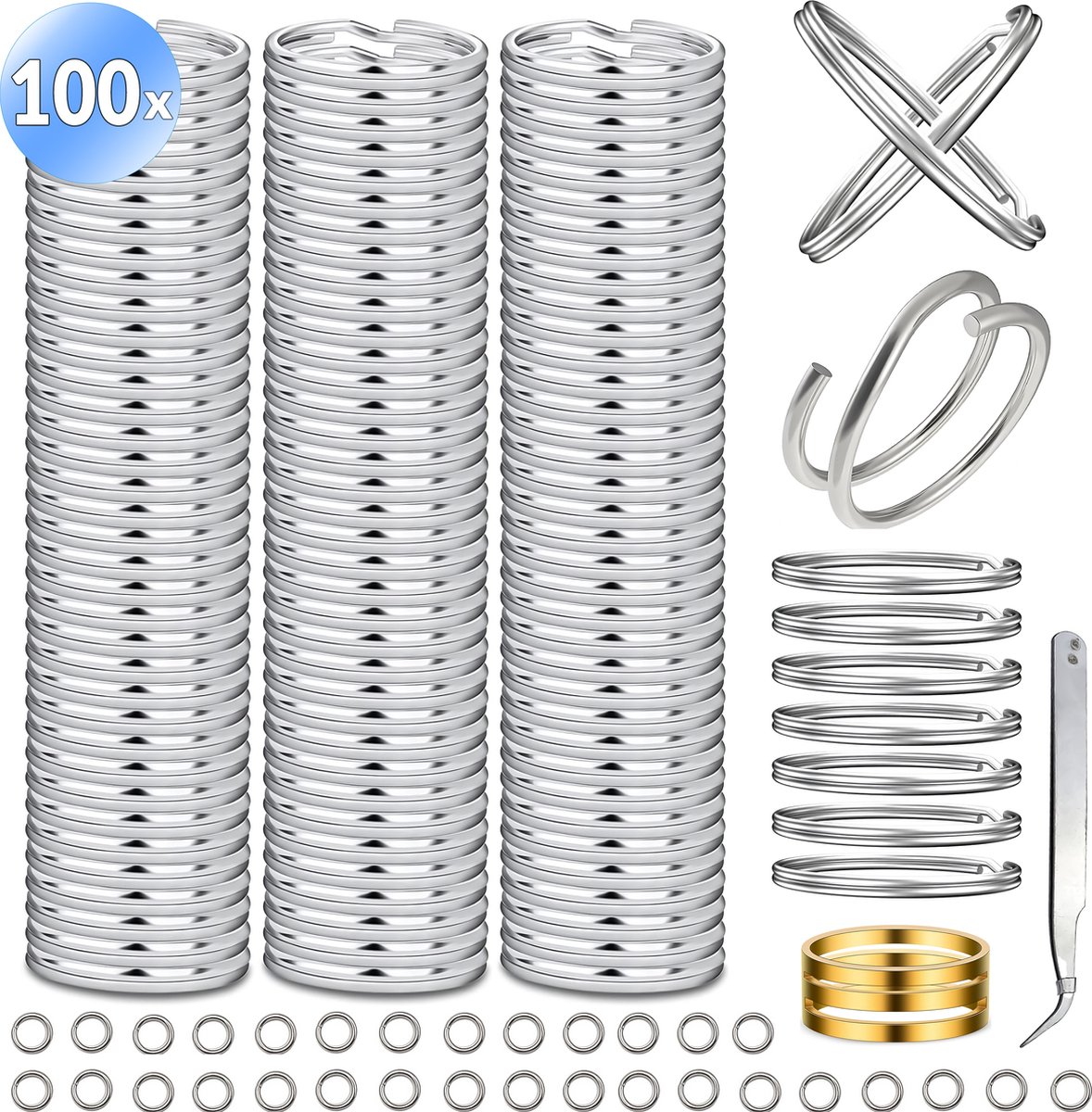100 Stuks Sleutelringen met 50 Open Springringetjes, Opener Vingerring & Sieraden Tang - DIY Sleutelhangers Ringen Maken Set - Keychain Sleutel Splitringen voor Hobby & Sleutellabels - Keyrings Sleutel Houder Knutselen - 25mm - Zilver