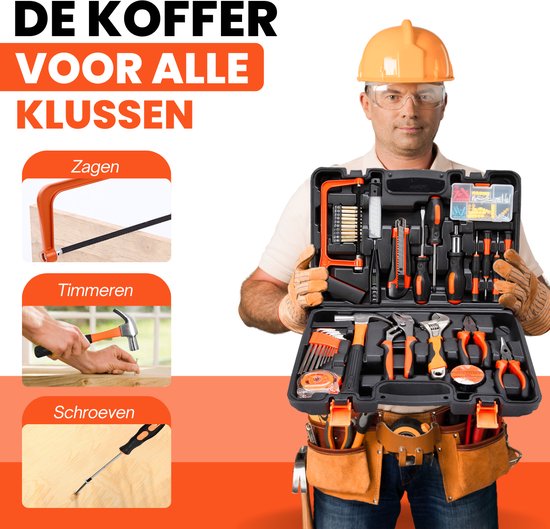 Man met gereedschapskoffer, toont zagen, timmeren en schroeven met gereedschap uit de koffer.