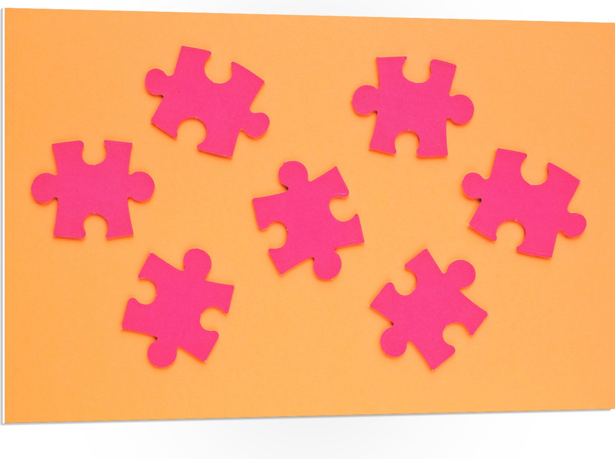 PVC Schuimplaat- Roze Puzzelstukjes op Oranje Achtergrond - 105x70 cm Foto op PVC Schuimplaat