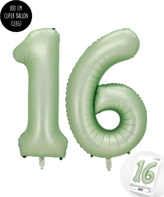Cijfer Helium Folie Ballon XXL - 16 jaar cijfer - Olive - Groen - Satijn - Nude - 100 cm - leeftijd 16 jaar feestartikelen verjaardag