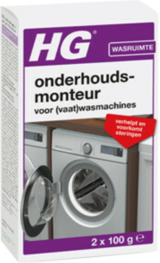 HG Onderhoudsmonteur voor (vaat)wasmachines, 2x 100 g. Verpakking toont een wasmachine met open deur.