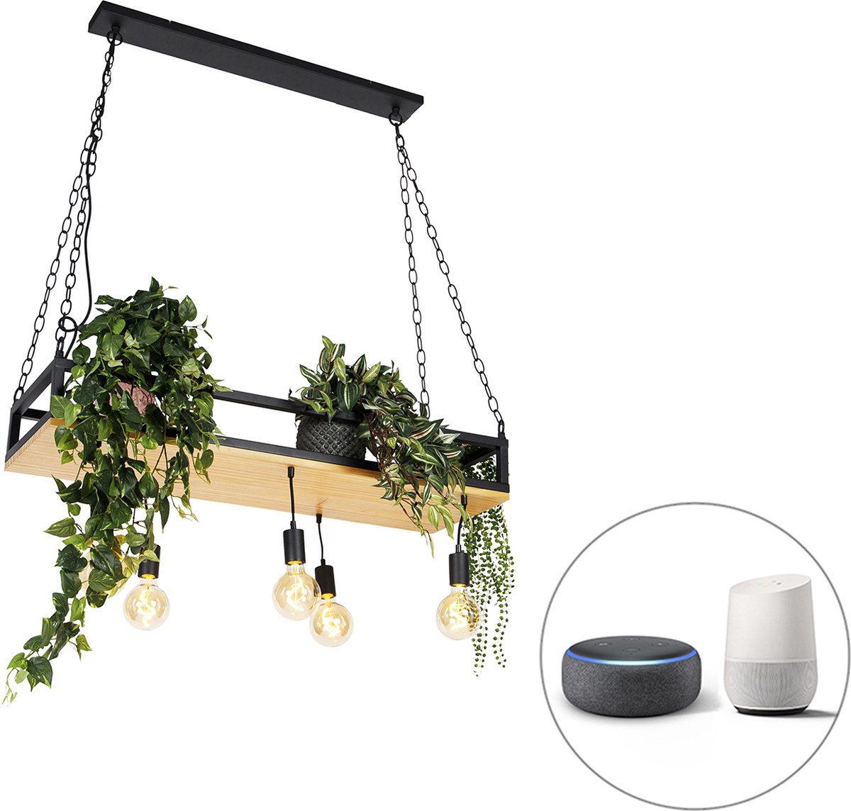 QAZQA shelf - Industriele Dimbare LED Smart Hanglamp eettafel incl. wifi met Dimmer voor boven de eettafel | in eetkamer - 5 lichts - L 100 cm - Zwart - Industrieel - Woonkamer | Slaapkamer | Keuken Zwart Smart LED