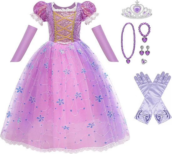 Prinsessenjurk meisje - Maat 110/116 (120) - prinsessen verkleedkleding - kroon - juwelen - lange handschoenen - kleed