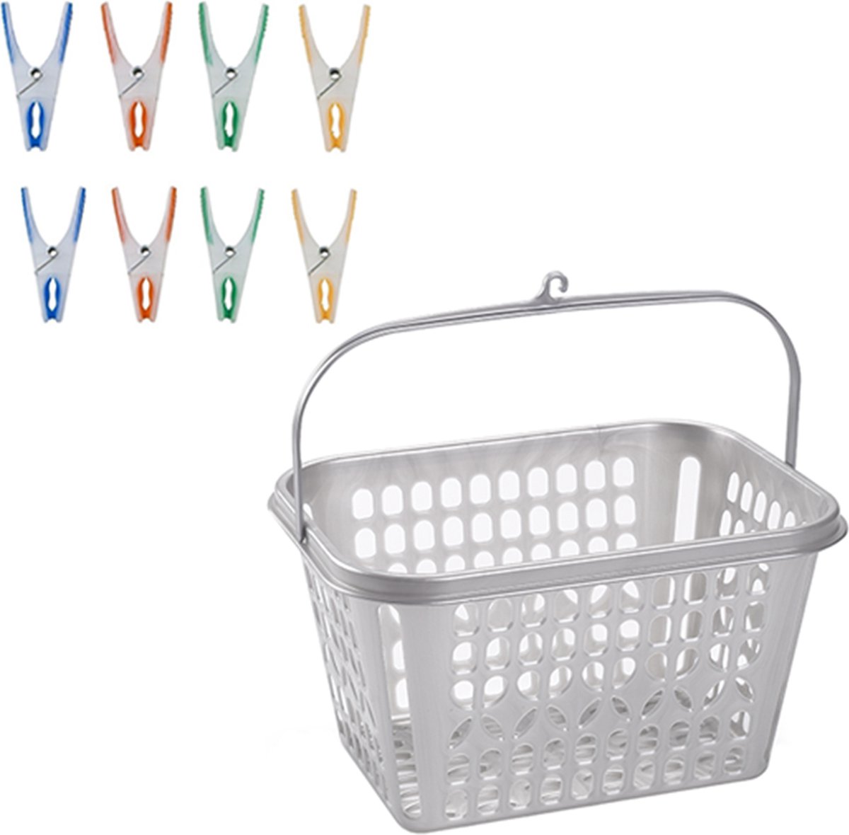 Goedkoopste Wasknijpersmandje met haak en 72 stuks stevige plastic softgrip wasknijpers - Was ophangen handige artikelen