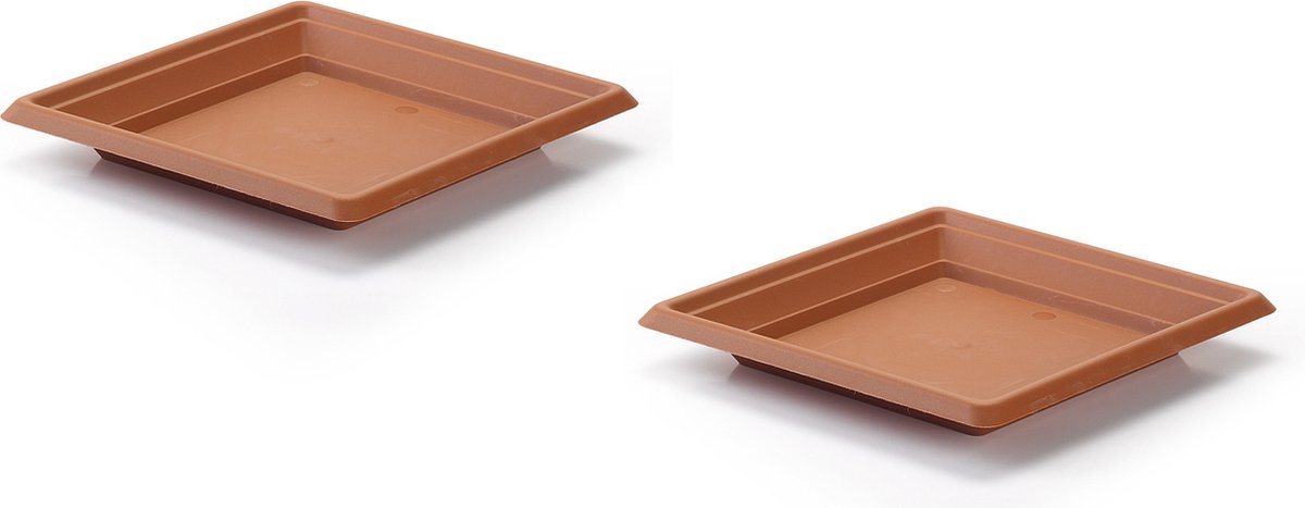PlasticForte Opvangschaal - 2x stuks - terracotta bruin - vierkant - voor pot van 30 cm - kunststof