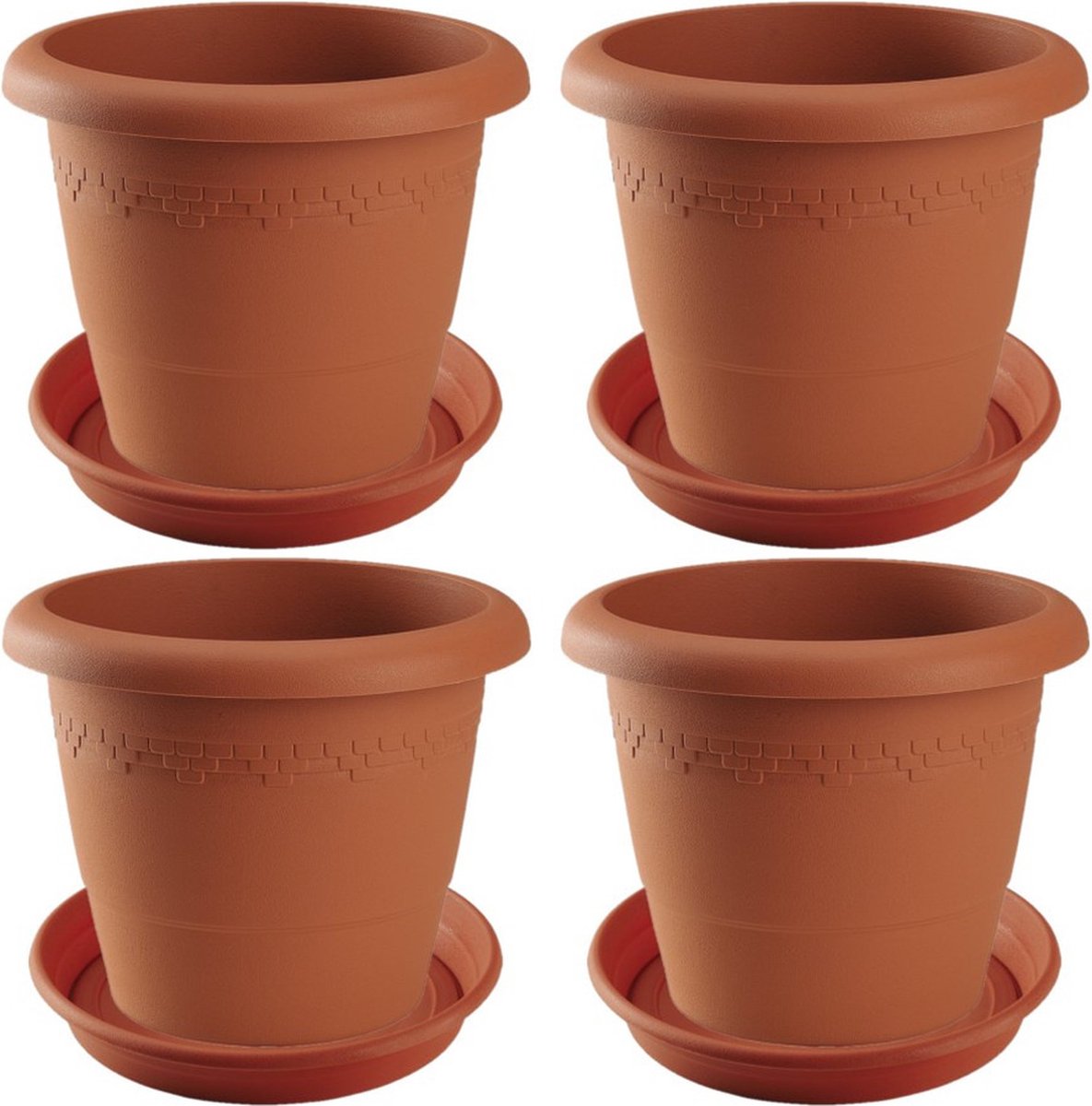 4x stuks bloempotten met onder opvangschaal in kleur terra cotta - rond diameter pot 35 cm - Plantenpotten/bakken