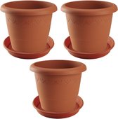 3x stuks bloempotten met onder opvangschaal in kleur terra cotta - rond diameter pot 35 cm - Plantenpotten/bakken