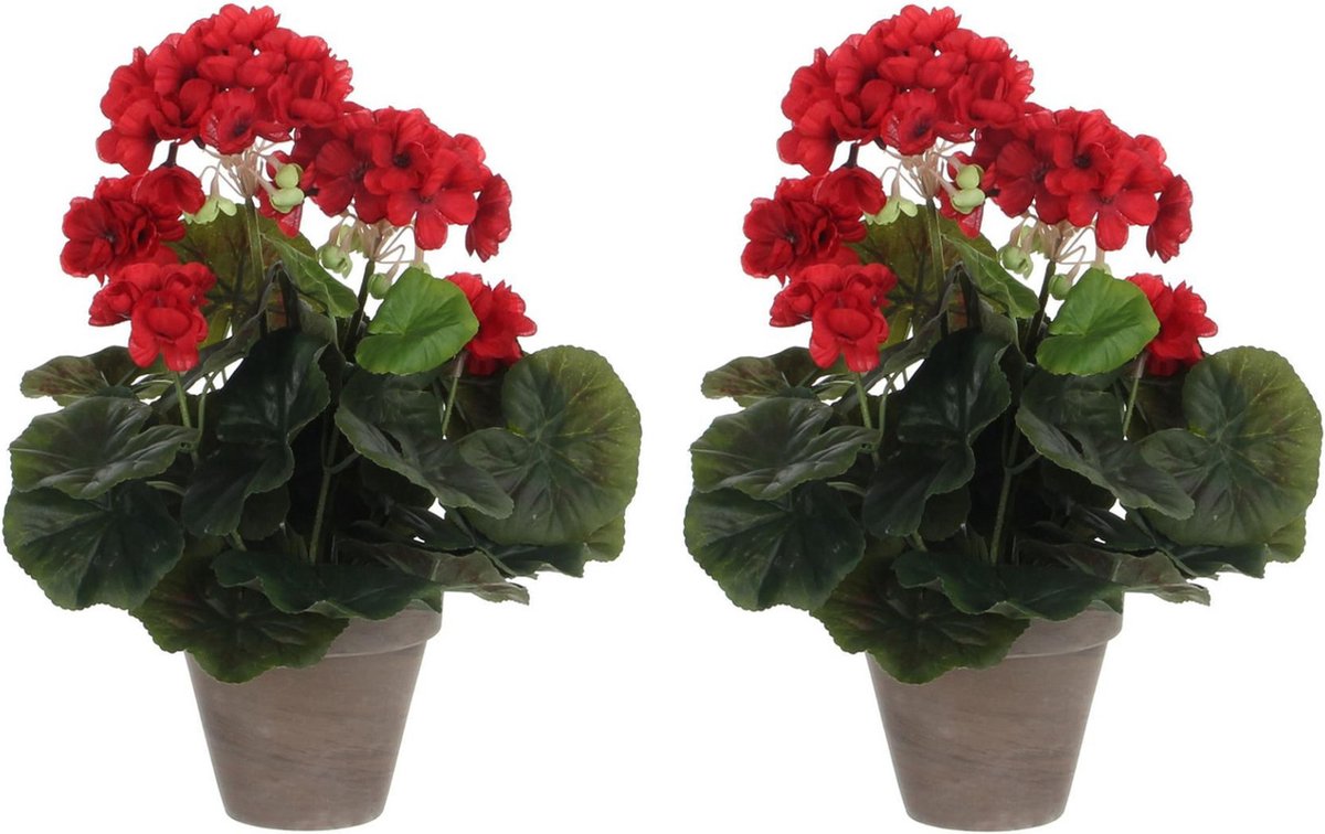 Mica Decorations Kunstplant - 2x stuks - Geranium - rood - in pot - D20 x H34 cm - kunstbloemen Donkerrood