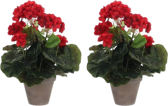 2x stuks geranium kunstplanten rood in keramieken pot H34 x D20 cm - Kunstplanten/nepplanten met bloemen