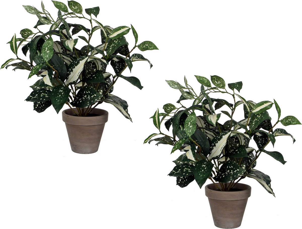 Mica Decorations Cordyline kunstplant - 2x stuks - groen - H33 cm x D25 cm - grijze sierpot