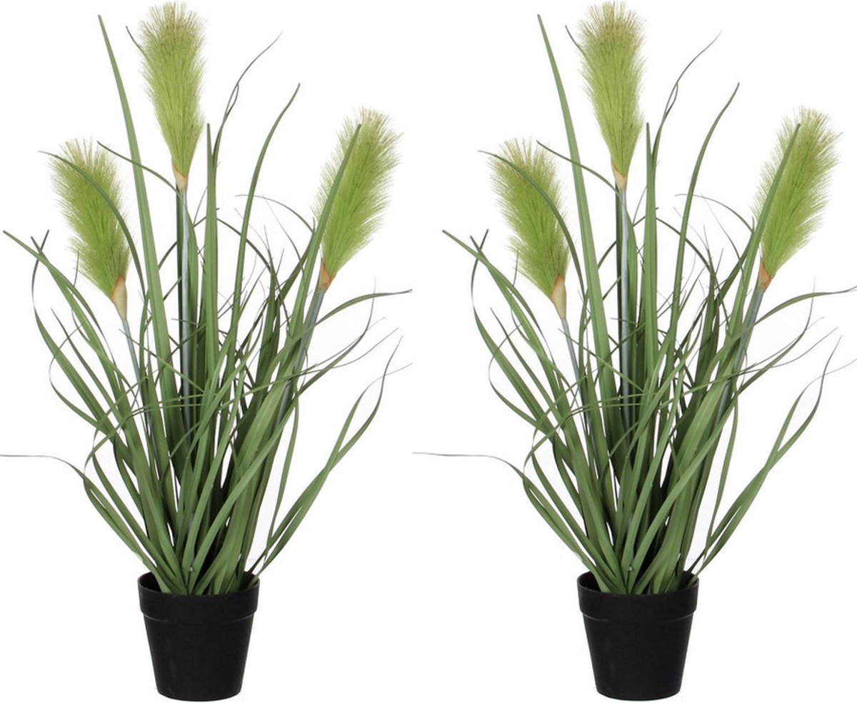 Mica Decorations Kunstplant - 2x stuks - siergras - groen - in pot - H53 x D30 cm - Kunstplanten / nepplanten met pluimen