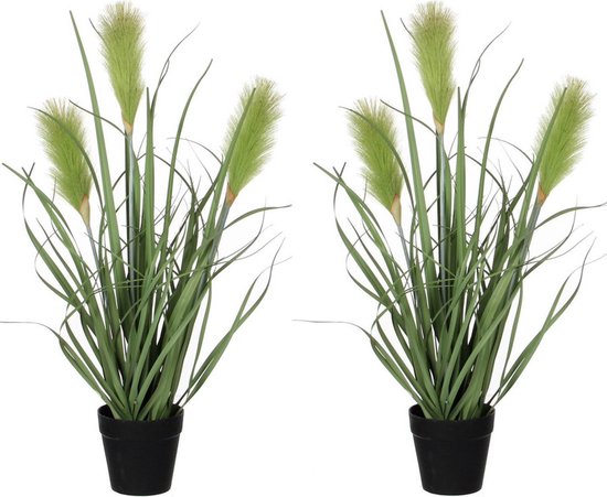 2x stuks riet grasplant kunstplanten groen in keramieken pot H53 x D30 cm - Kunstplanten/nepplanten met bloemen