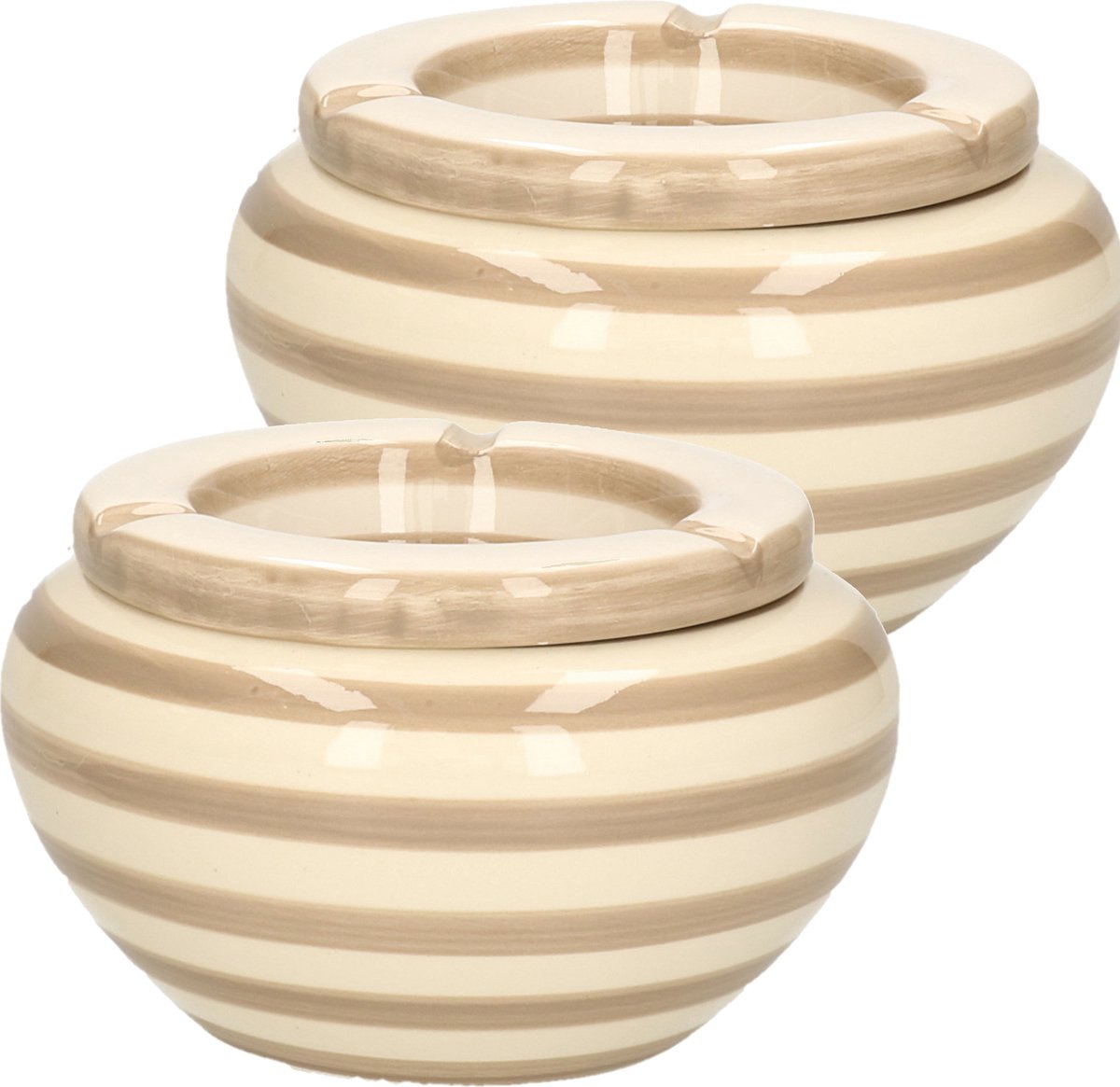 Goedkoopste Excellent Houseware Stormasbak gestreept - 2x - beige/wit - Dia 14 cm - keramiek
